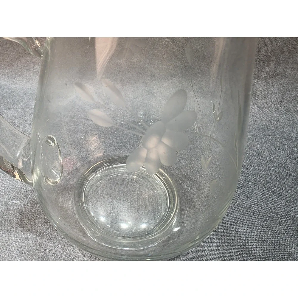 Vintage Etched Floral Clear Glass Pitcher with Ice Lip Spout 9.5 Inch
